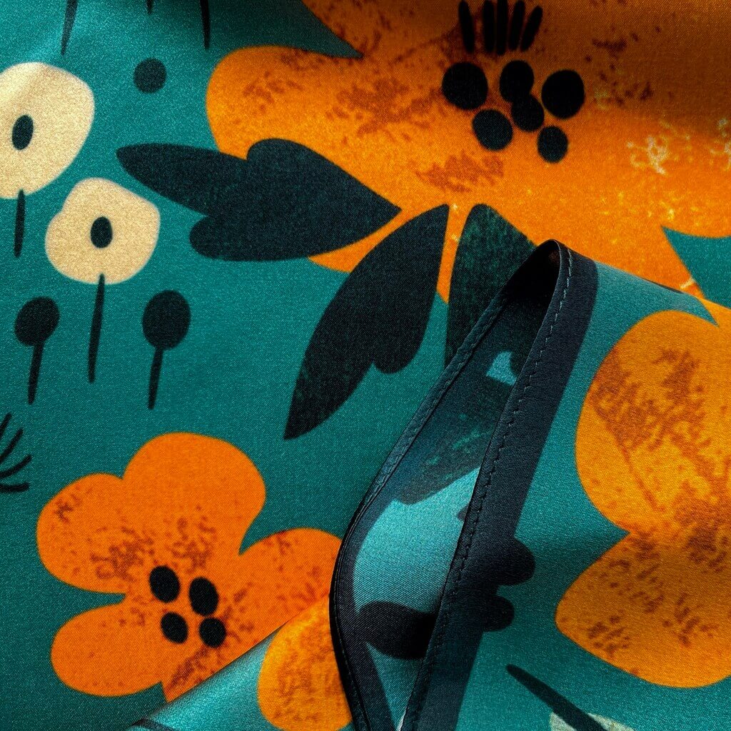 Green Orange Floral Silk Scarf - 53x53