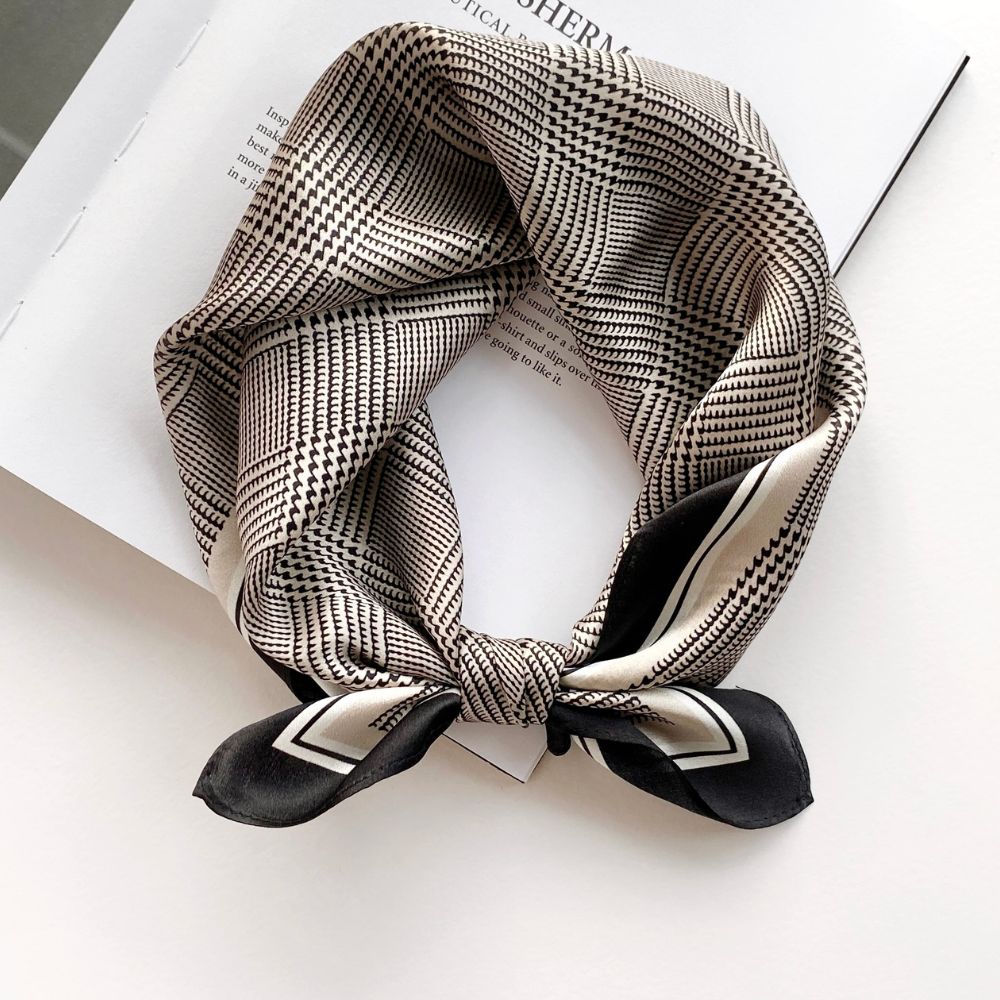 Black & Taupe Houndstooth Print Mulberry Silk Scarf - 53x53cm