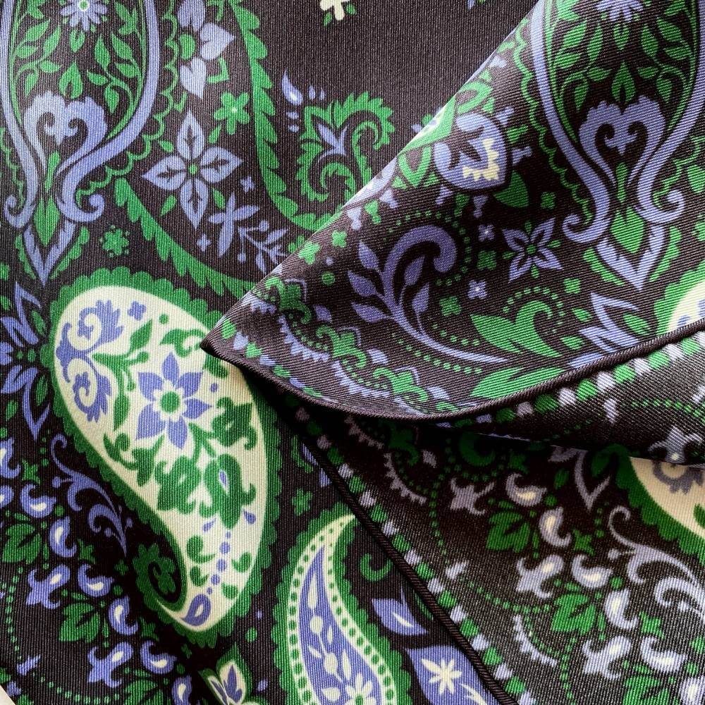 Black Green Paisley 65x65 Silk Scarf