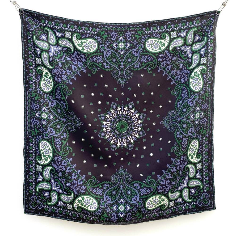 Black Green Paisley 65x65 Silk Scarf