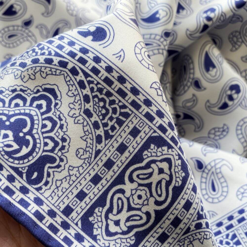 Blue White Paisley Silk Twill Scarf 65x65
