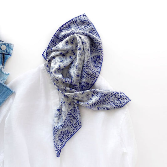 Blue White Paisley Silk Twill Scarf 65x65