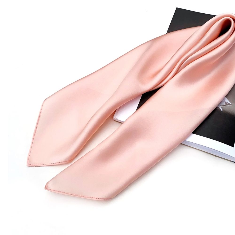 Blush pink Mulberry silk satin scarf styled as a long ribbon