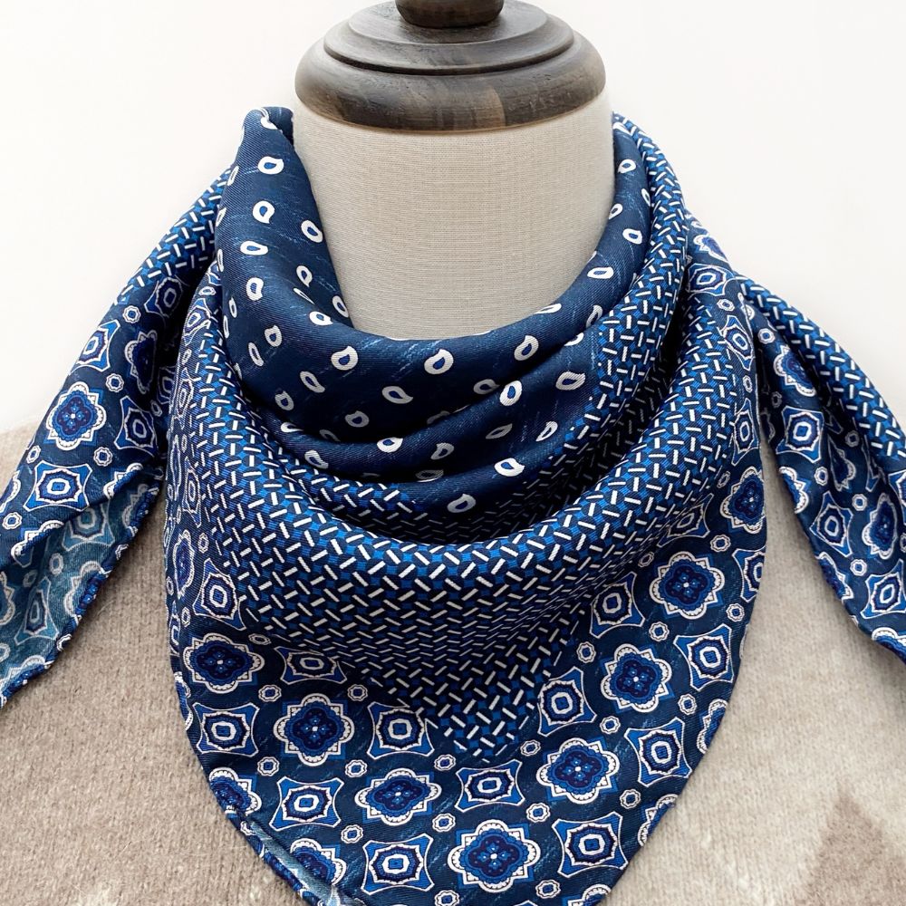 Denim Blue Classic Print 65x65 Silk Scarf