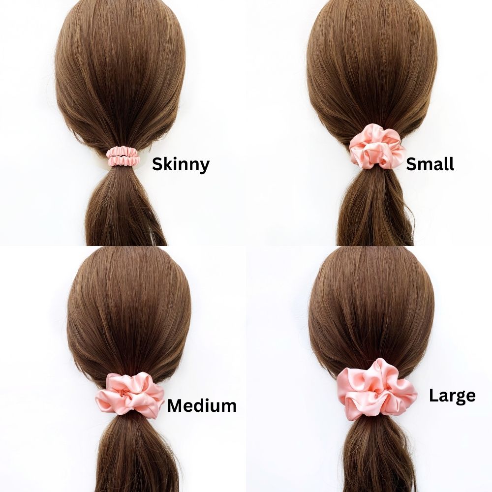 Four ponytails with different sizes of pink mulberry silk satin scrunchies and silk hair ties labeled on a white background