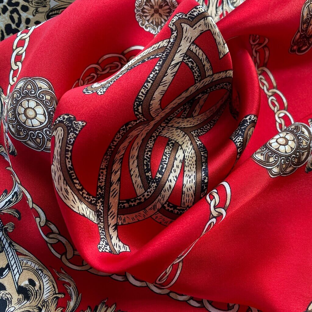 Red Silk Scarf - Chain Leopard Print 53x53