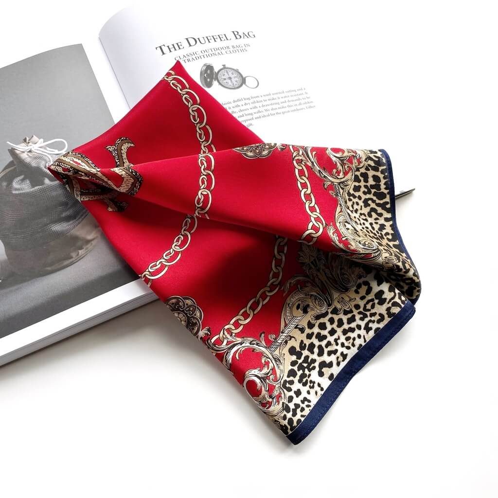 Red Silk Scarf - Chain Leopard Print 53x53