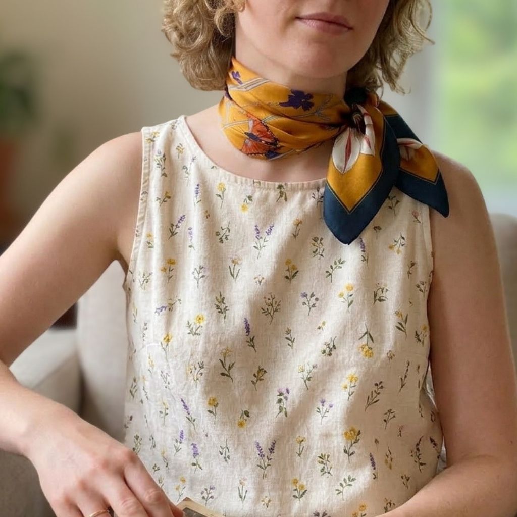 A woman wearing a sleeveless cream linen top with a small yellow and purple floral print, styled with a mustard yellow and navy blue patterned mulberry silk neck scarf.
