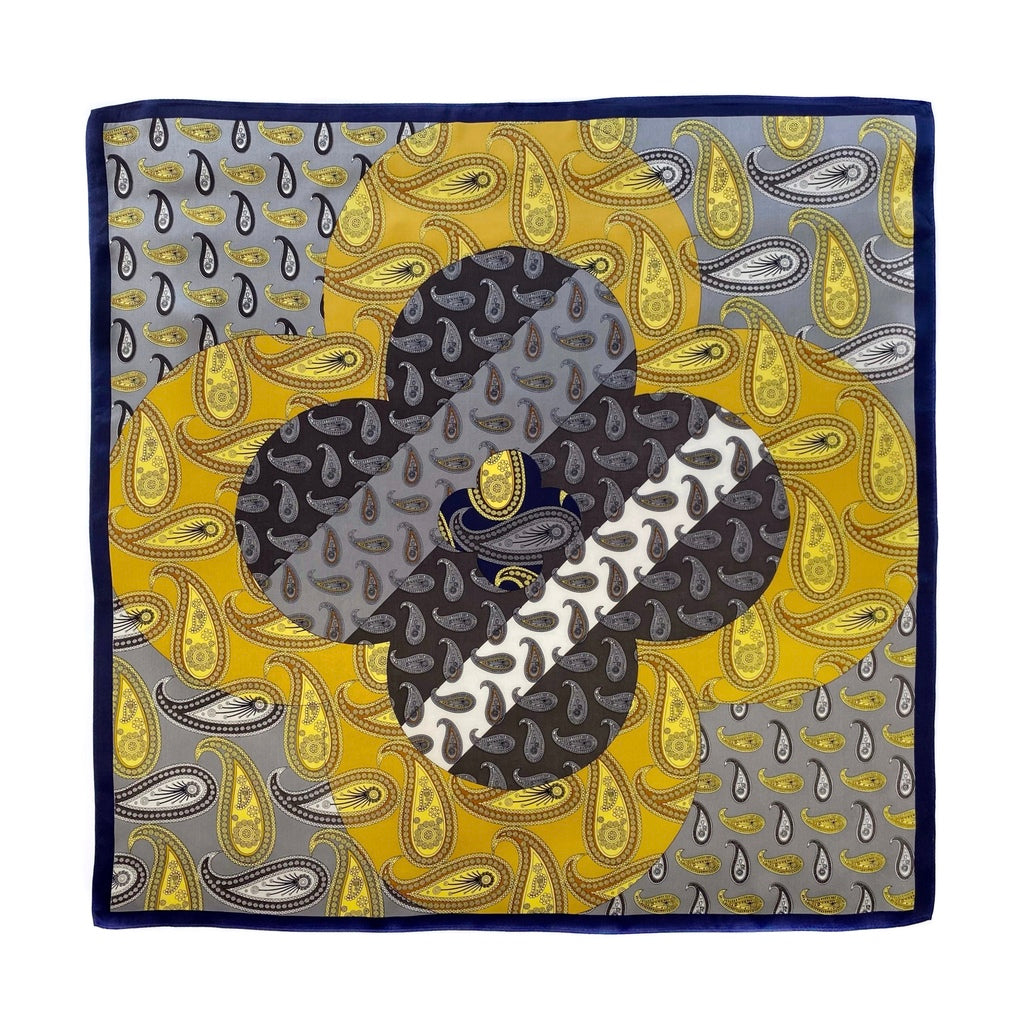 Mulberry Silk Satin Square Scarf - Yellow Grey Paisley