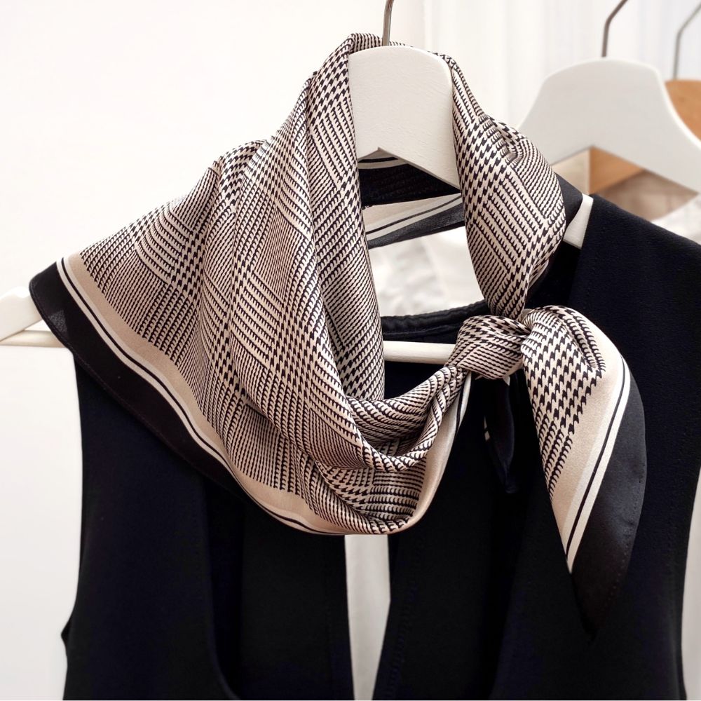 Black & Taupe Houndstooth Print Mulberry Silk Scarf - 53x53cm