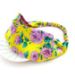 A bright yellow  Liberty London mulberry silk satin headband with a pink and green rose floral print, displayed on a white surface.