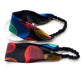 Two  Liberty London mulberry silk satin headbands with black elastic bands, featuring an abstract multicolor print of large organic shapes in blue, red, green, and gold on a black background, displayed on a clean white background.