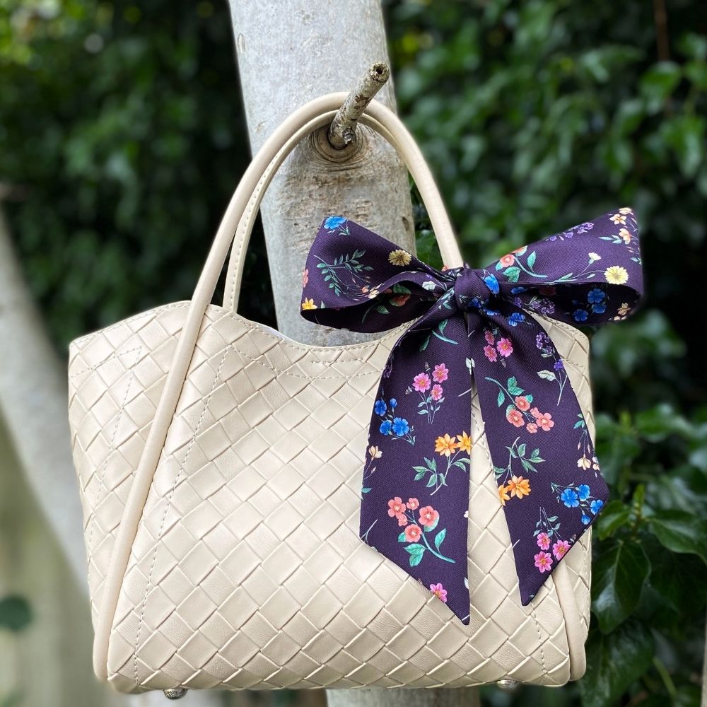 purple floral Liberty London silk handbag scarf