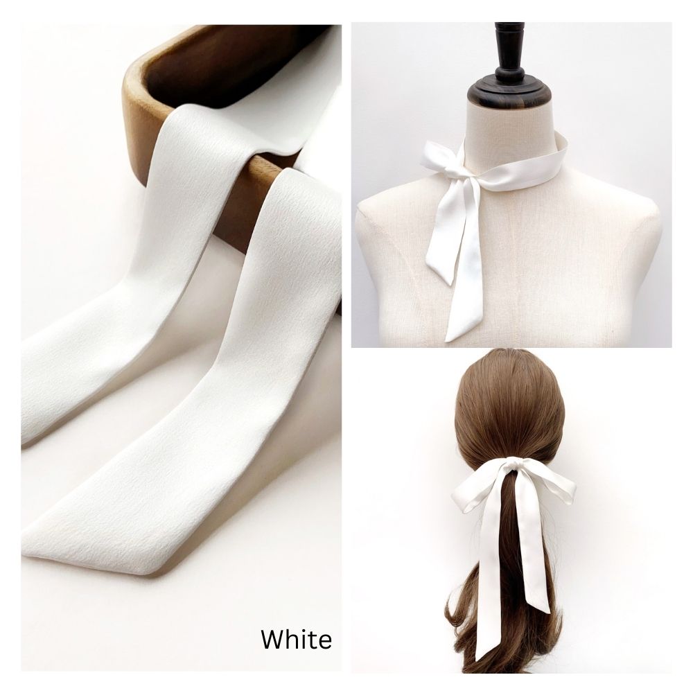 River Minami white mulberry silk satin ribbon scarf, styled on a mannequin and as a hair accessory.