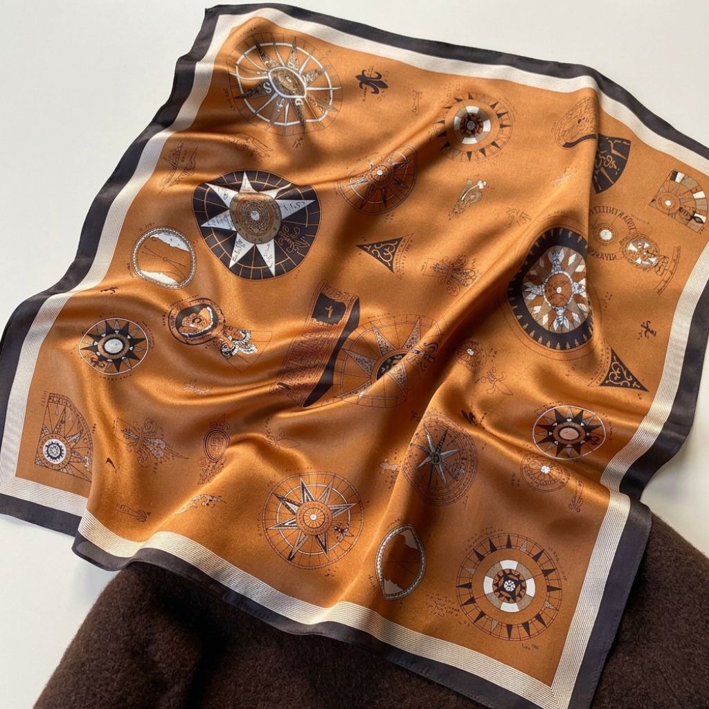 Amber-coloured mulberry silk square scarf with a compass print, laid flat against a white background.
