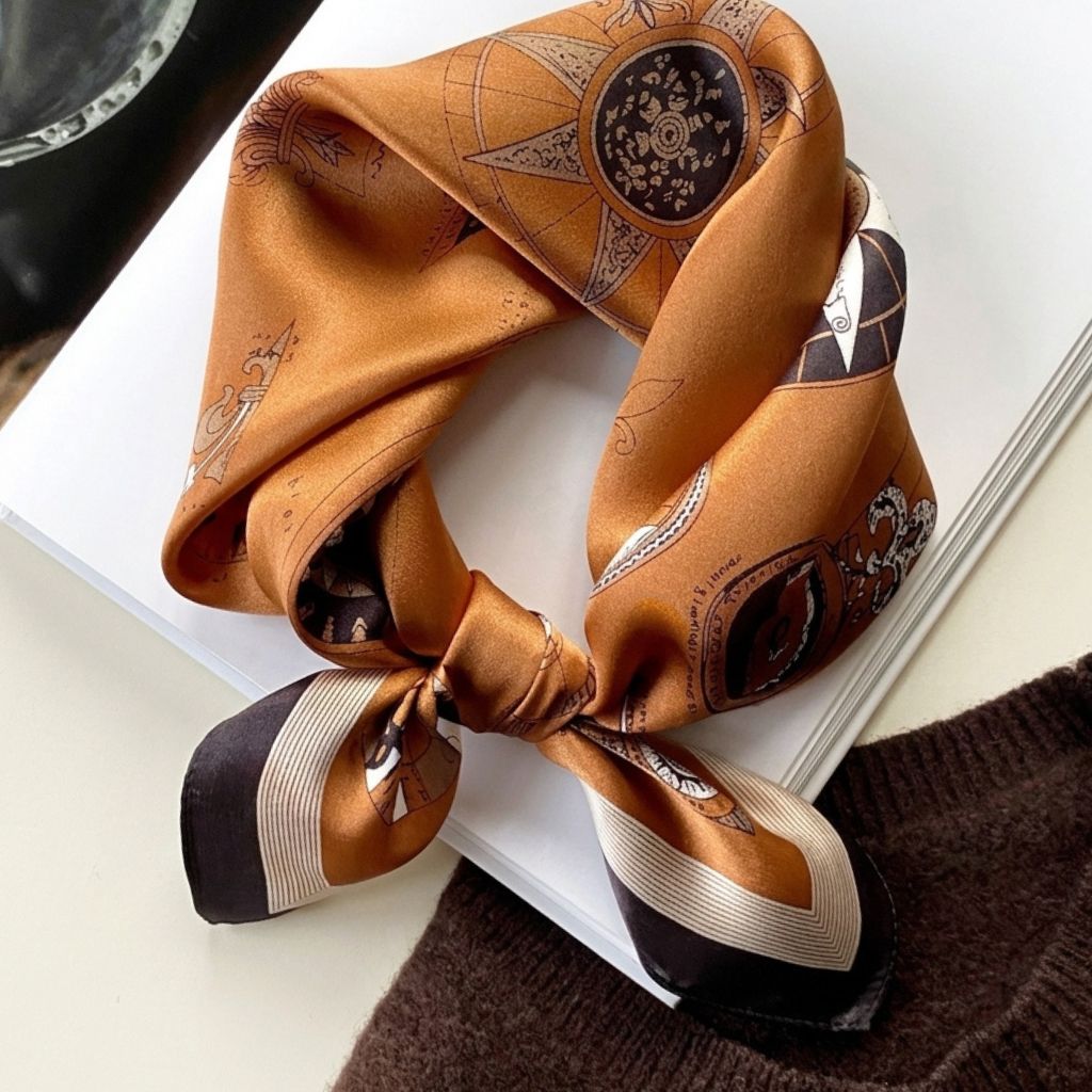 Amber mulberry silk square scarf with a compass print tied into a neckerchief and set on a white background.