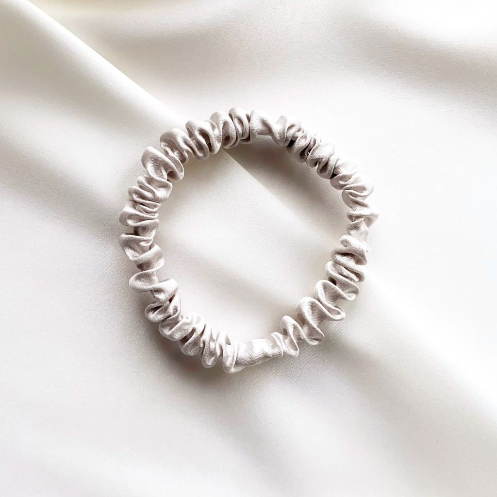ash white mulberry silk satin skinny scrunchie  hair tie
