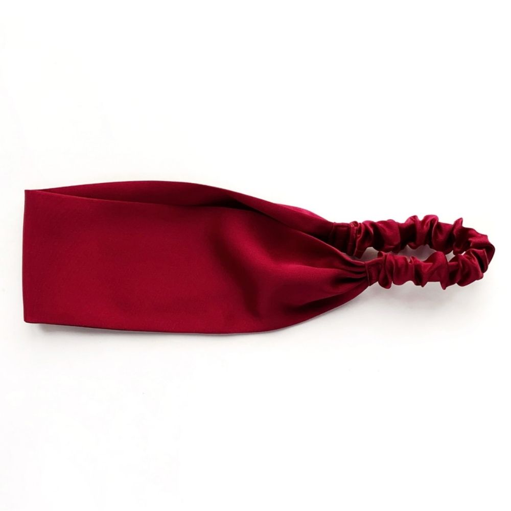 Handmade ruby red mulberry silk headband by River Minami.