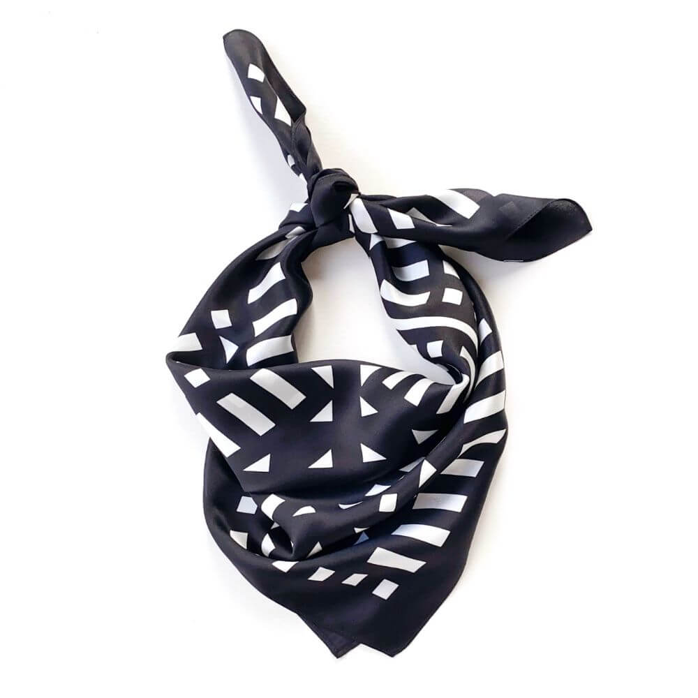 black and white geometric silk scarf on the white background
