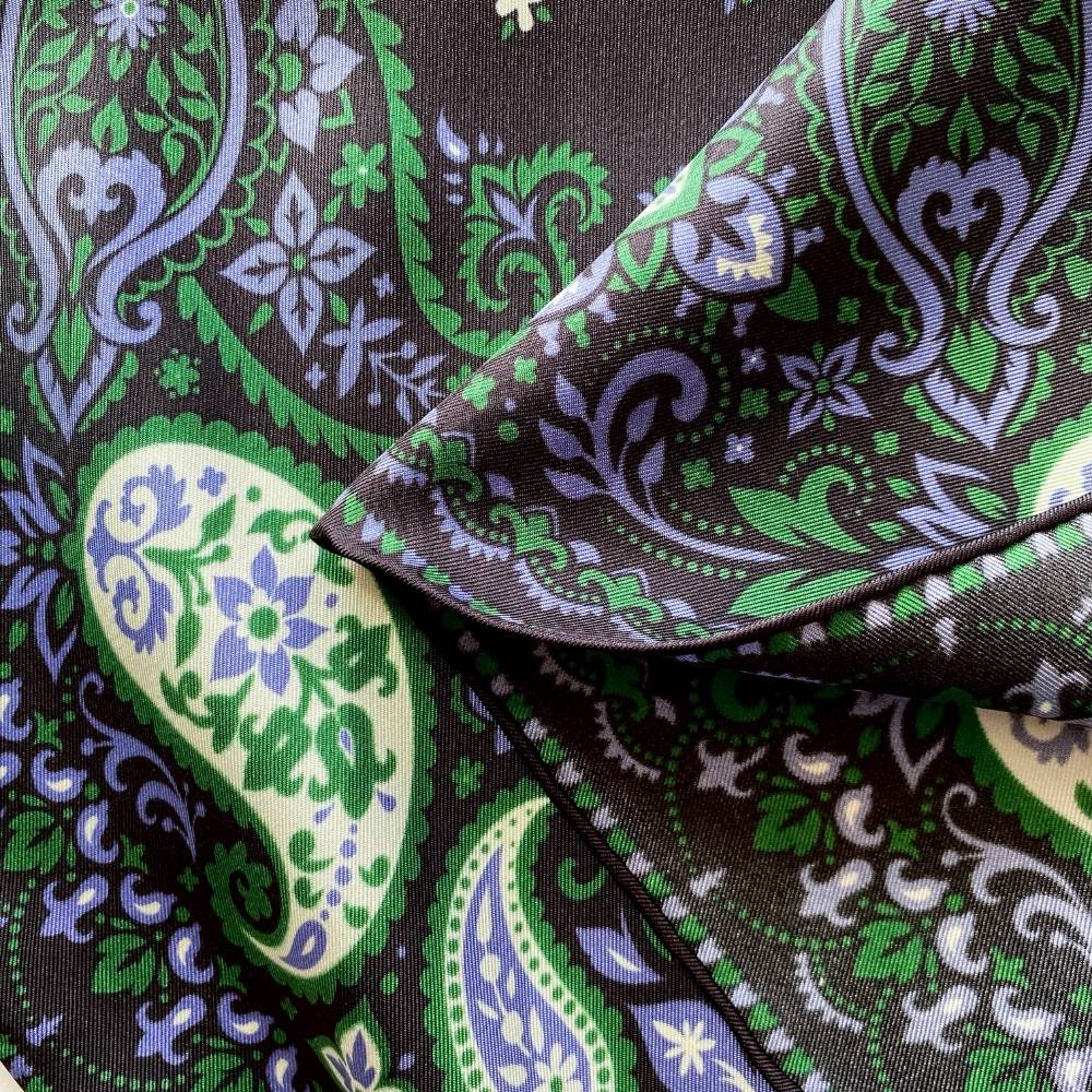 Black Green Paisley Print Silk Twill Bandana