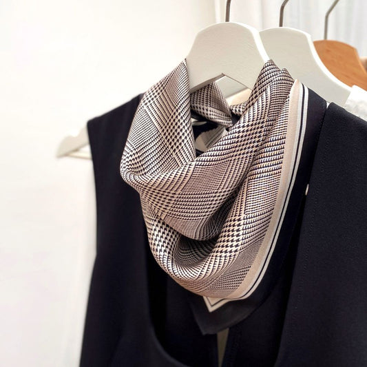 Mulberry Silk Satin Bandana - Black Taupe Houndstooth