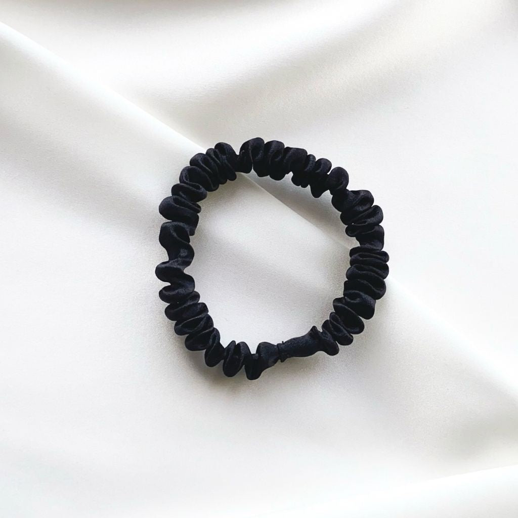 black mulberry silk satin skinny scrunchie  hair tie