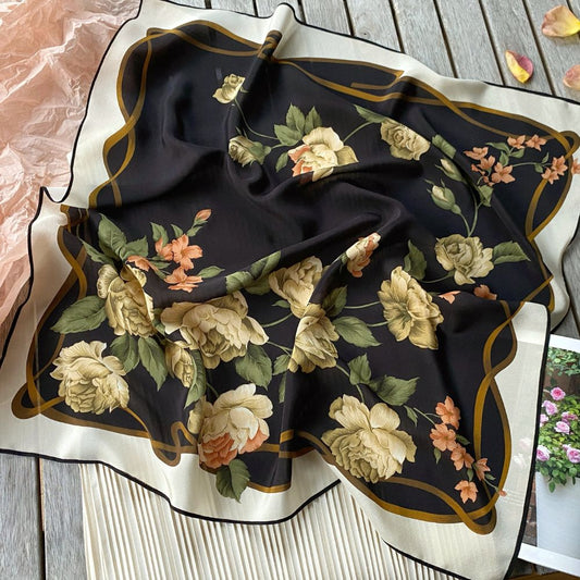 Rose Floral Mulberry Silk Crepe-de-Chine Scarf (65cm) - Black