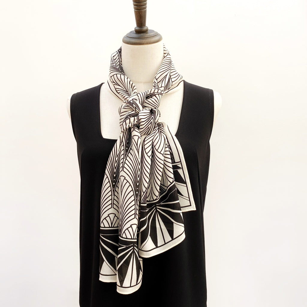 Black & cream white art deco pattern silk scarf