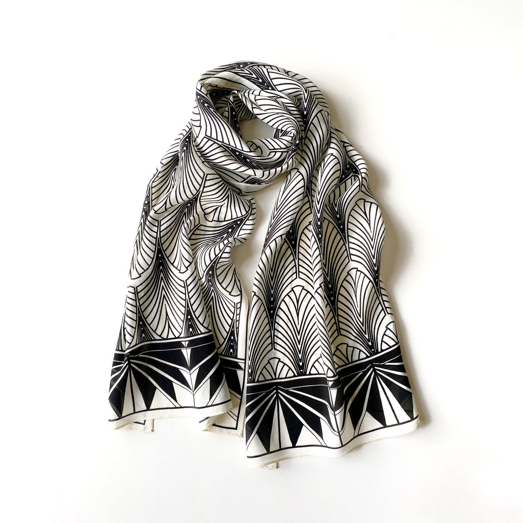 Black & cream white art deco pattern silk scarf