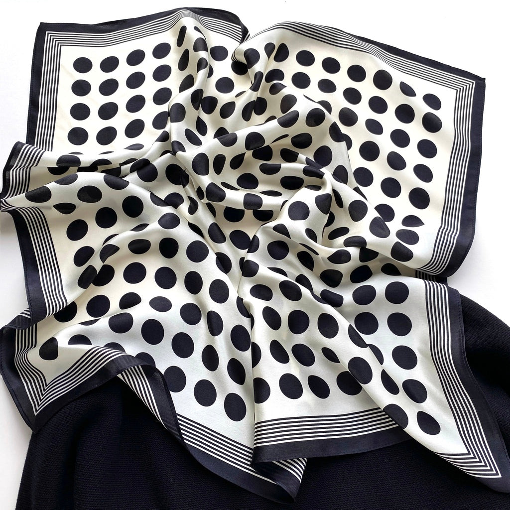 Retro Vibe Polka Dots Silk Neck Scarf - Black & Cream White