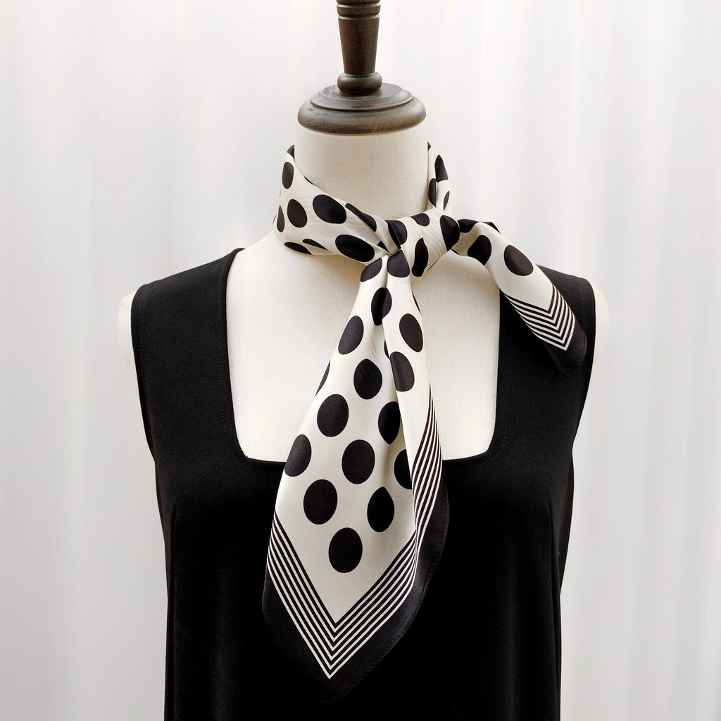 Retro Vibe Polka Dots Silk Neck Scarf - Black & Cream White