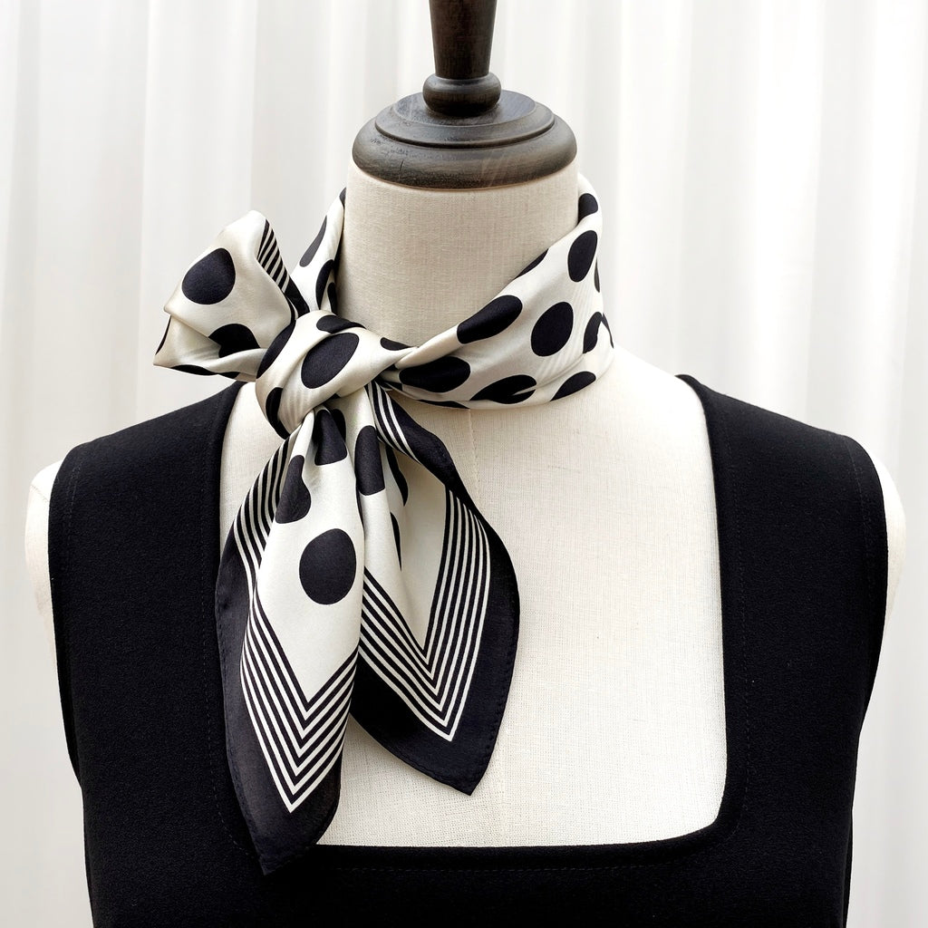 Retro Vibe Polka Dots Silk Neck Scarf - Black & Cream White