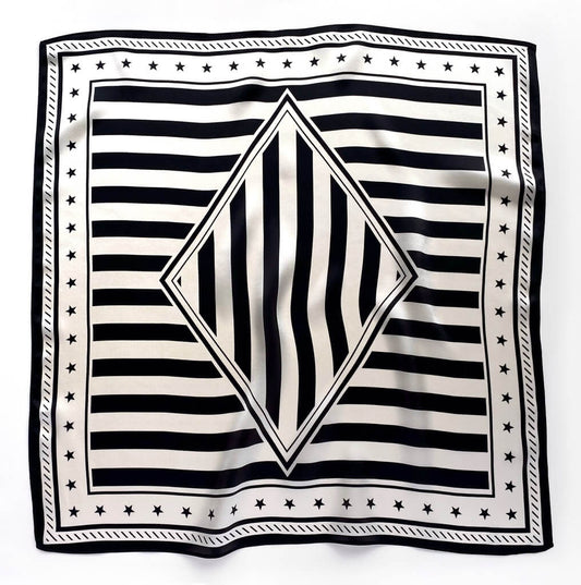 Mulberry Silk Satin Bandana - Black Ivory Star & Stripe