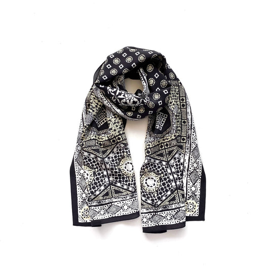 Black geometric print silk scarf