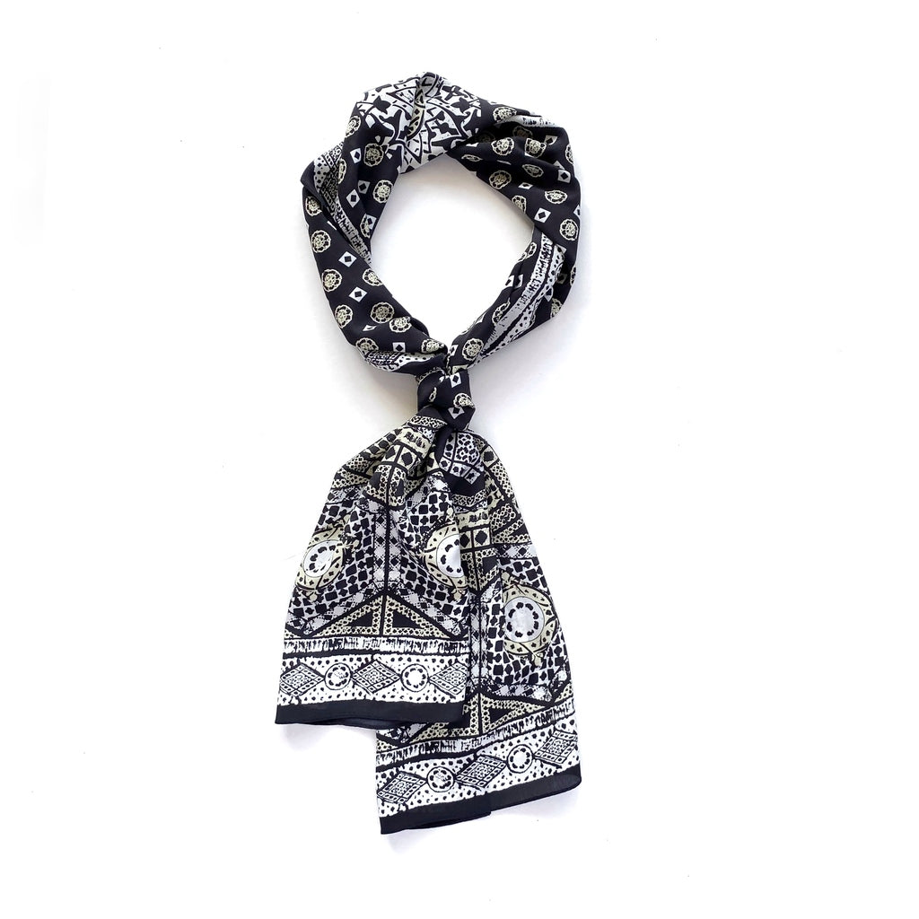 Black geometric print silk scarf