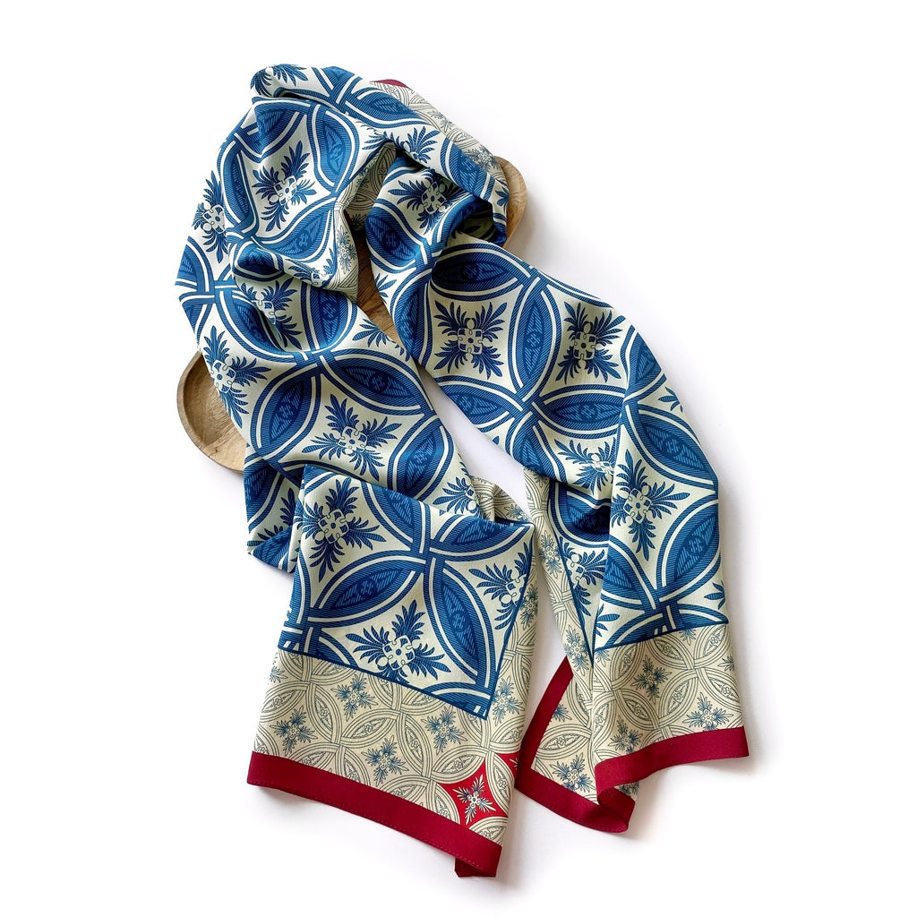 Blue art deco pattern silk scarf