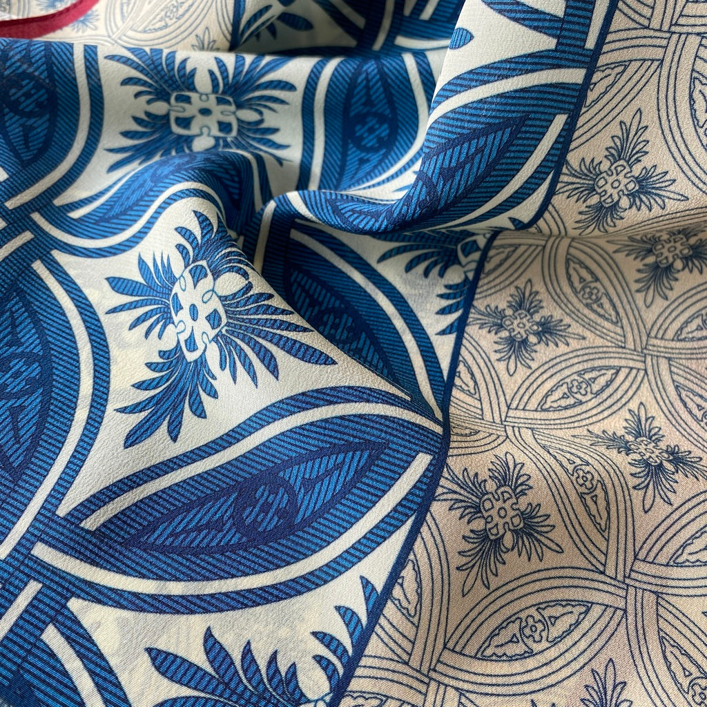 Blue art deco pattern silk scarf