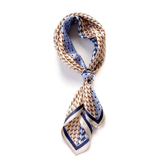 Blue & caramel geometric patterned 100% mulberry silk bandana scarf on a white background