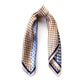 Blue & caramel geometric patterned silk scarf on a white background