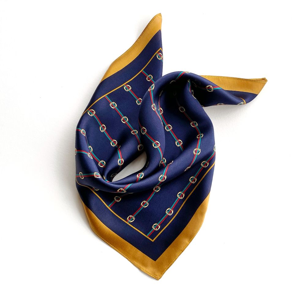 Navy and Gold Chain Print Mulberry Silk Scarf - 53x53cm