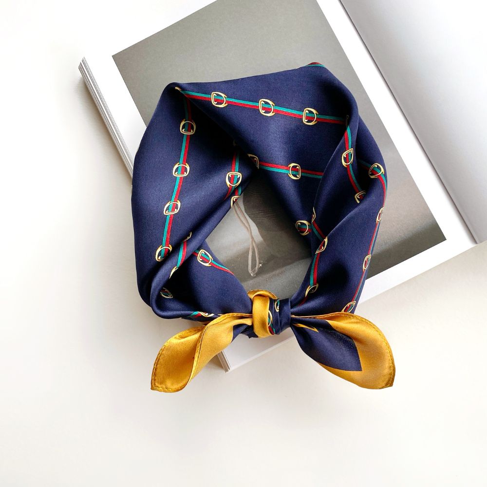 Navy and Gold Chain Print Mulberry Silk Scarf - 53x53cm