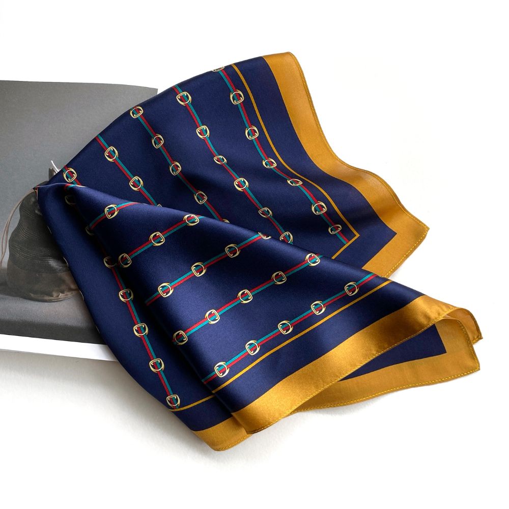 Navy and Gold Chain Print Mulberry Silk Scarf - 53x53cm