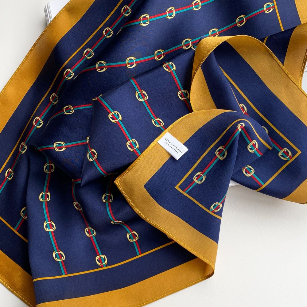 Navy and Gold Chain Print Mulberry Silk Scarf - 53x53cm