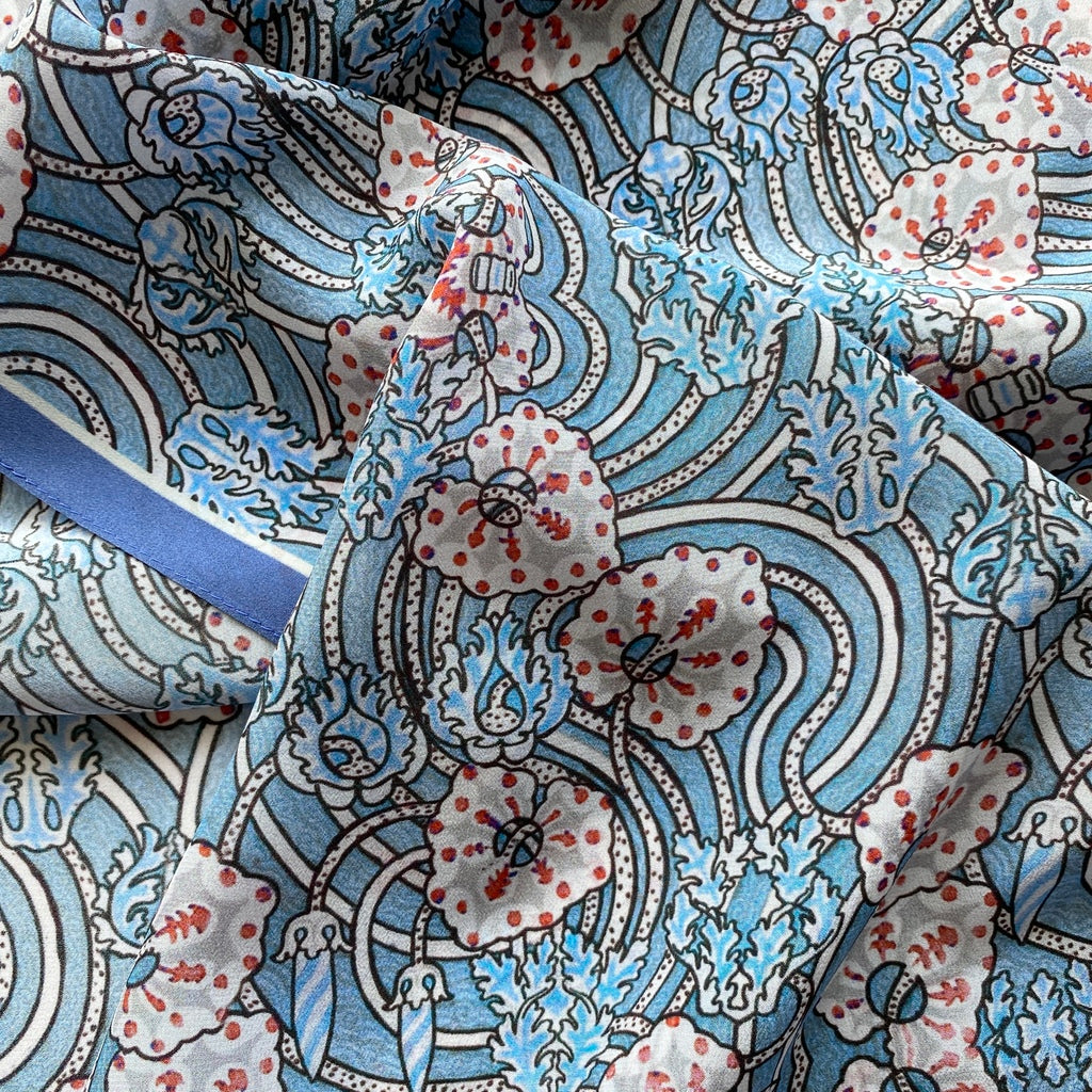 Blue floral print silk scarf