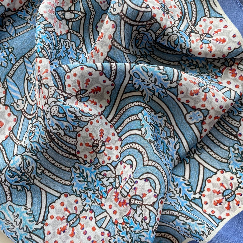 Blue floral print silk scarf