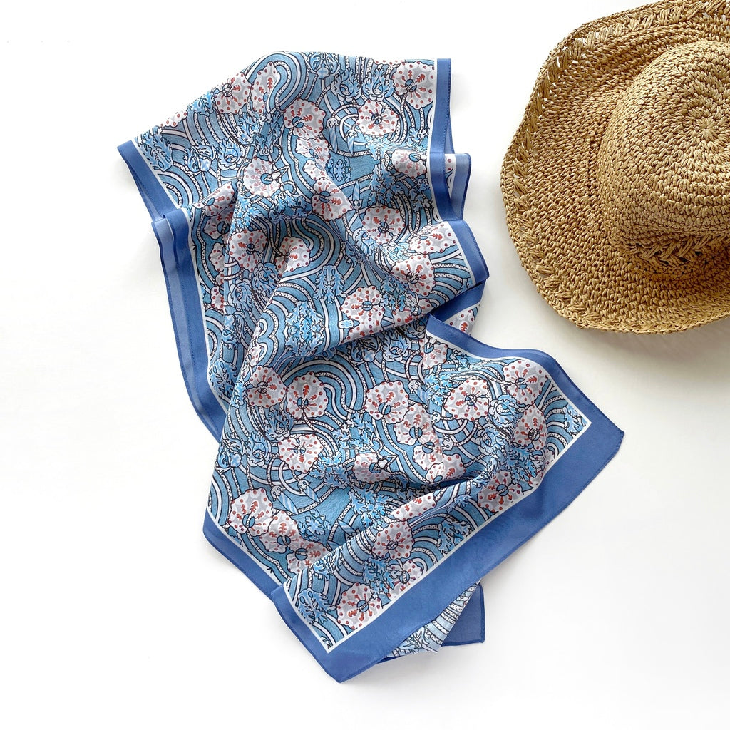 Blue floral print silk scarf