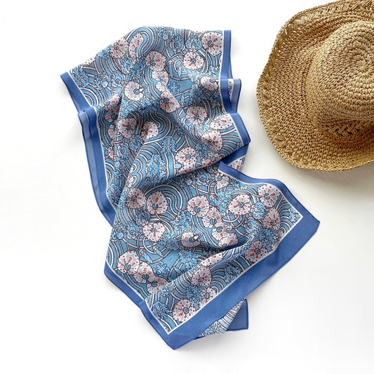 Blue floral print silk scarf