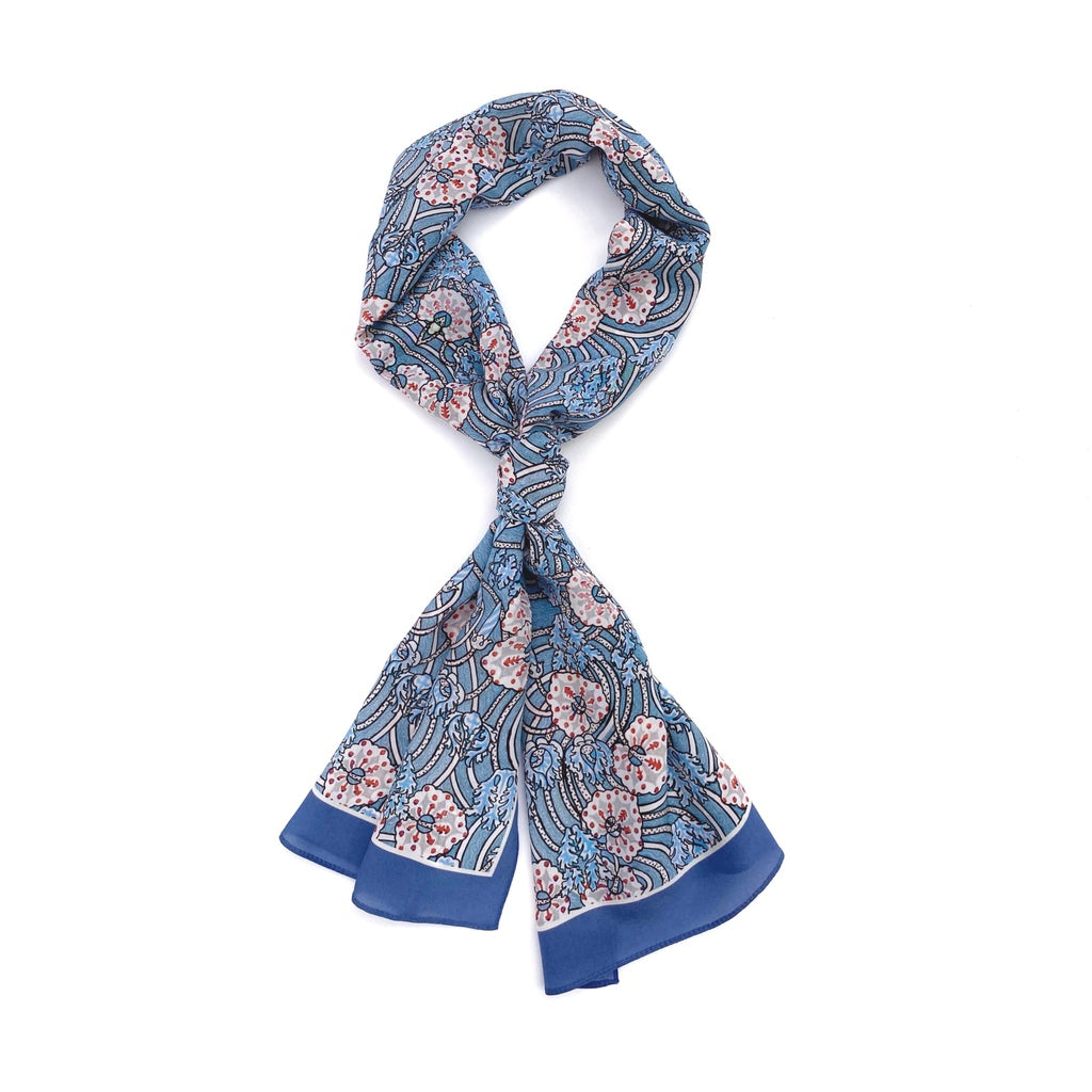 Blue floral print silk scarf