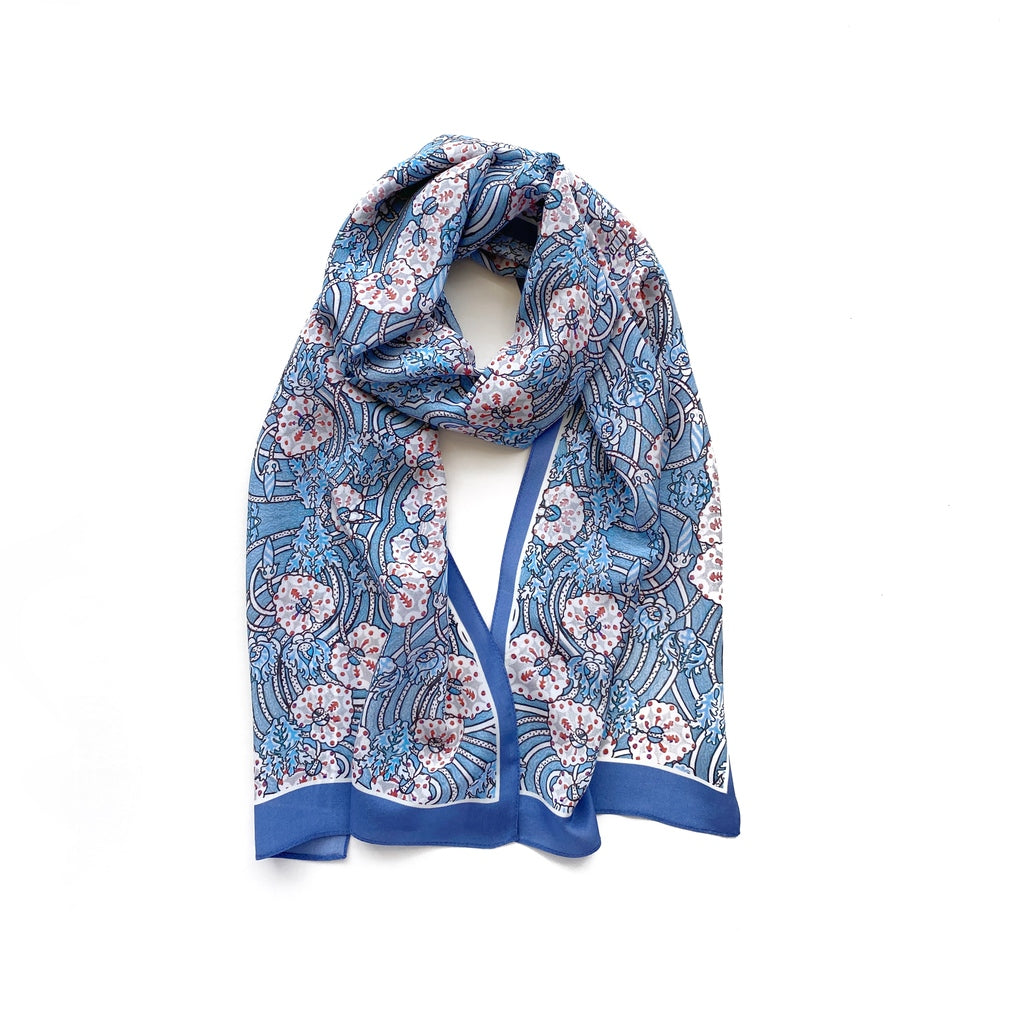 Blue floral print silk scarf