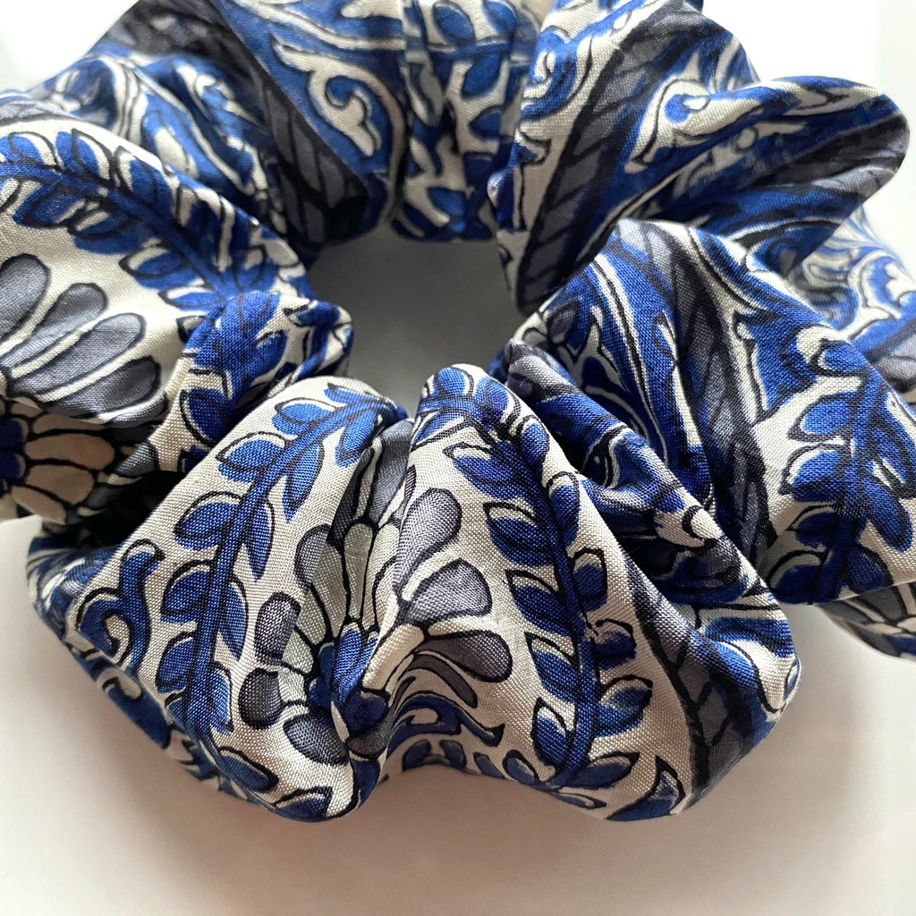 Blue floral print silk scrunchies